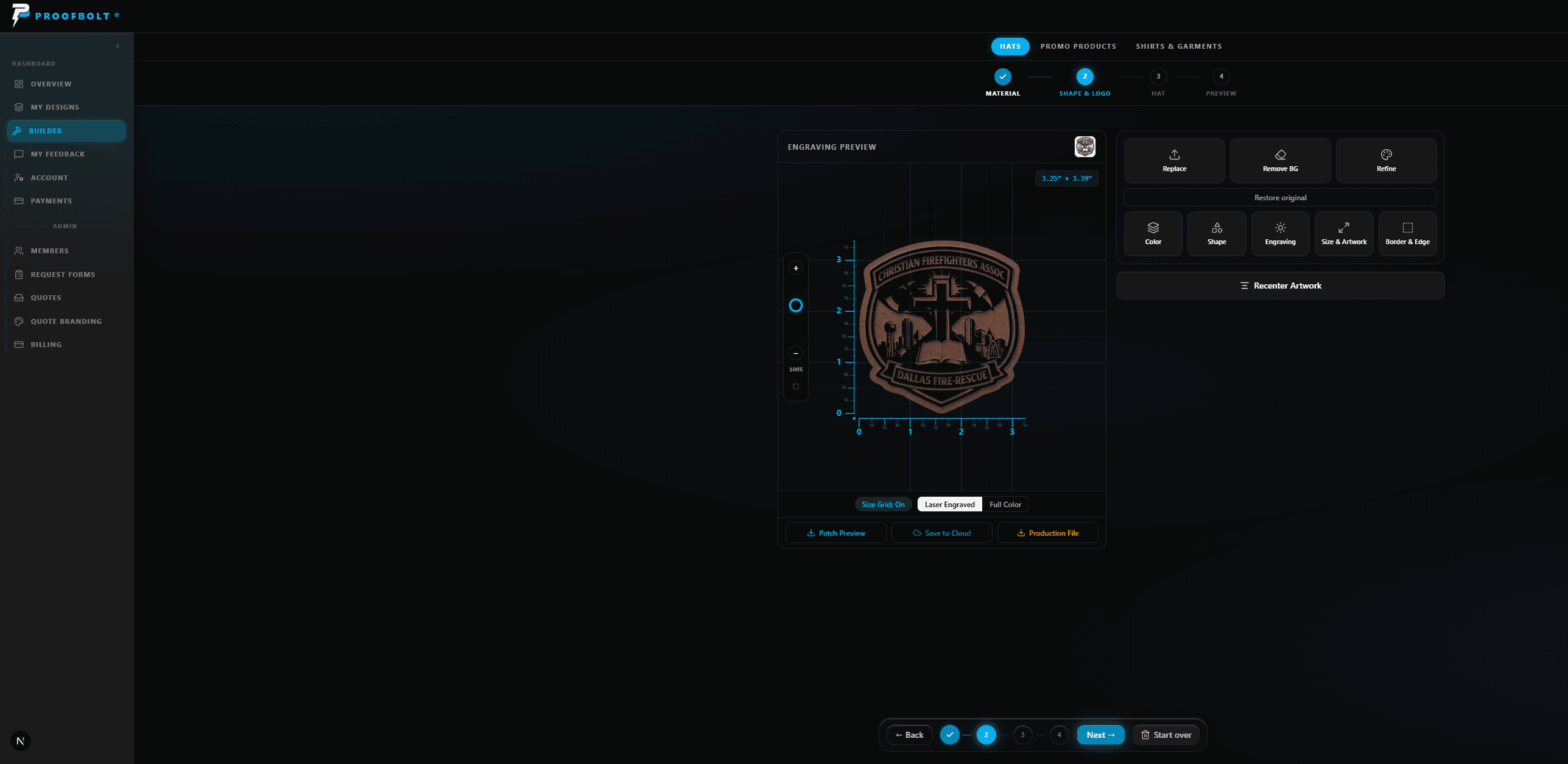 ProofBolt builder — laser-engraved patch preview on the live sizing grid