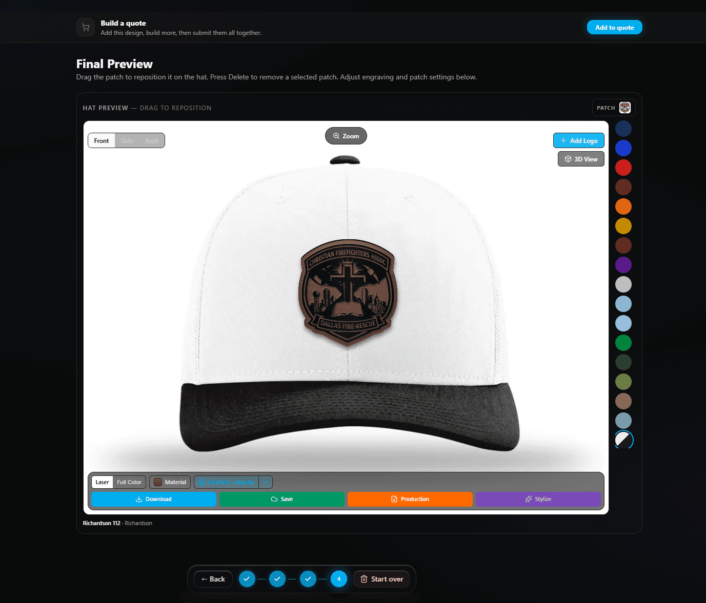 Final hat proof — the patch positioned on a Richardson 112, ready to quote